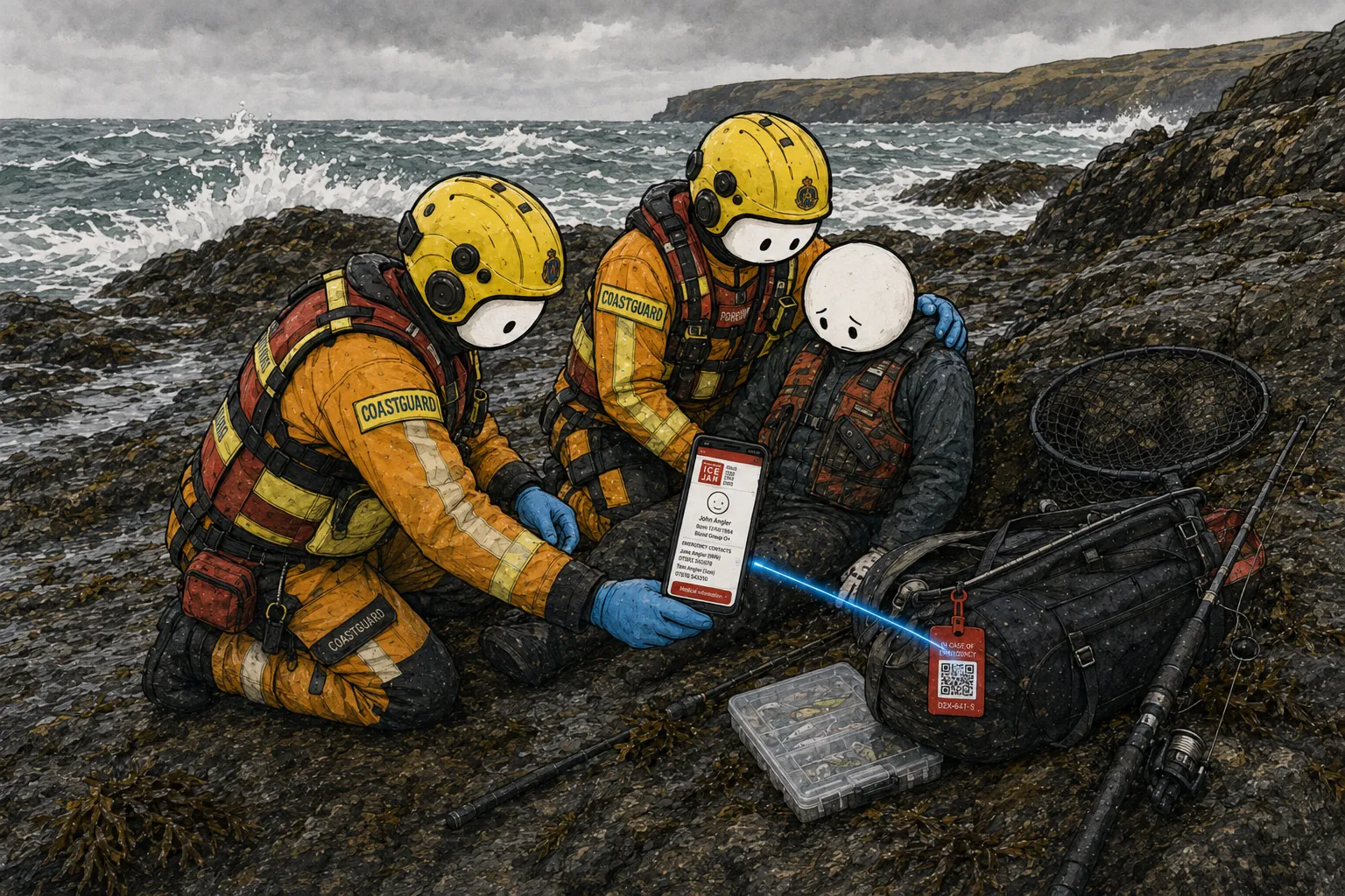 Two Coastguard officers in yellow helmets kneeling with a rescued rock angler on wet coastal rocks, a phone glowing red with the ICE Jar app connected by a blue beam to a QR tag on the angler's kit bag, a fishing rod and tackle box nearby, rough sea behind them